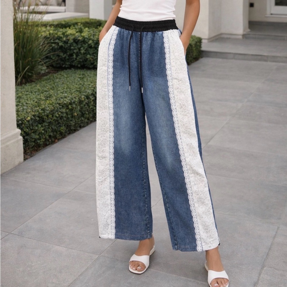 #158 DENIM AND LACE PANTS